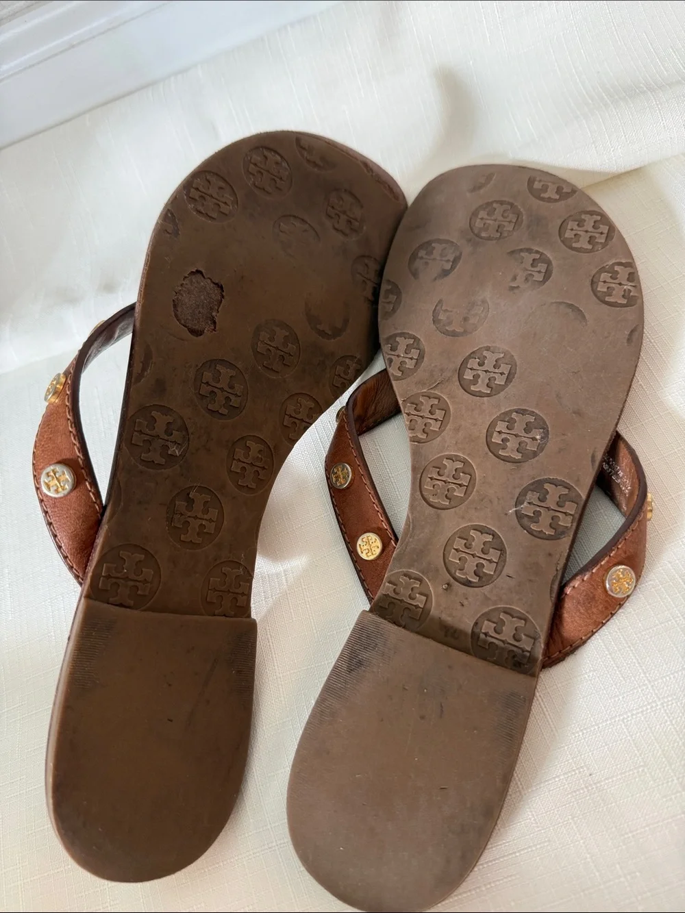 Tory Burch Brown Leather Thong Sandals with Beige Upper and Gold Logo Studs